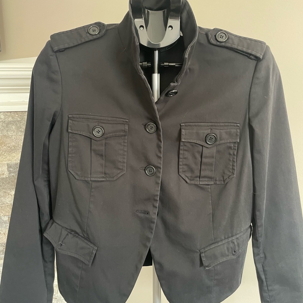 Black Utility Jacket with Epaulettes and Stand-Up Collar